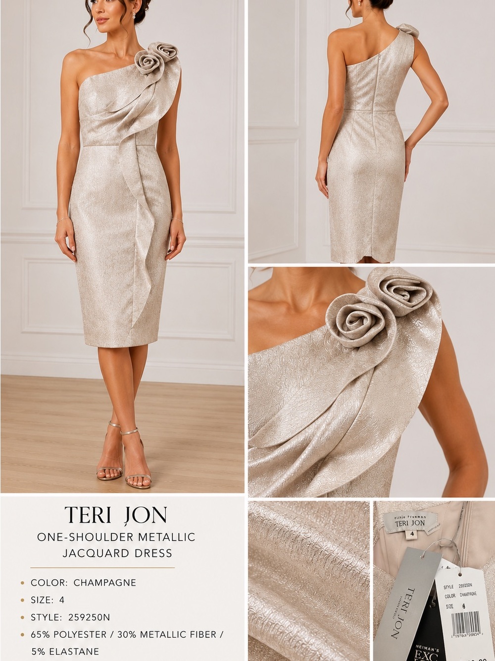 Teri Jon Champagne One-Shoulder Metallic Rose-Accent Sheath Dress